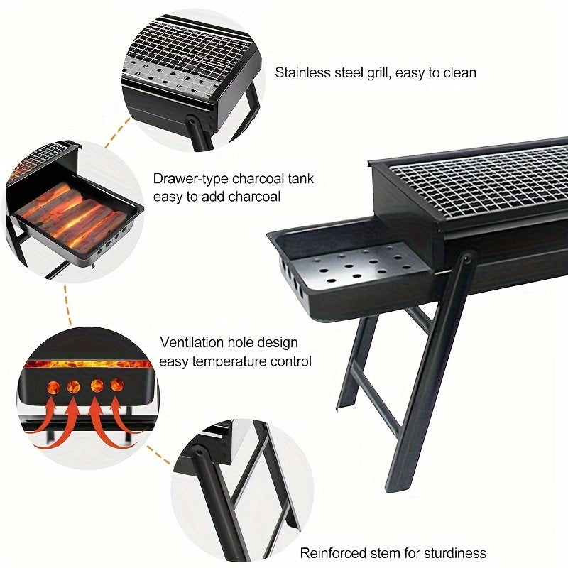 Heavy-Duty Portable Stainless Steel Charcoal Grill with Foldable Legs - Compact BBQ Grill for Camping, Picnic, Backyard | Ideal Choice for Adults, Quick-Ignition Campfire Grill with Carry Case, Polished Surface, Outdoor Cooking Grill
