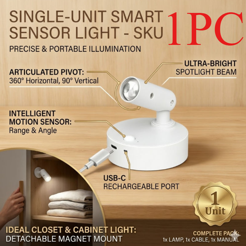 USB Rechargeable Drill-Free 350° Rotatable Three-Color Night Light, Motion Sensor Auto On, Multi-Angle Adjustable, Long Battery Life, Magnetic Portable Lamp, Ideal for Wardrobe Entryway Bedside Kitchen Cabinet Storage Room Desk Lighting