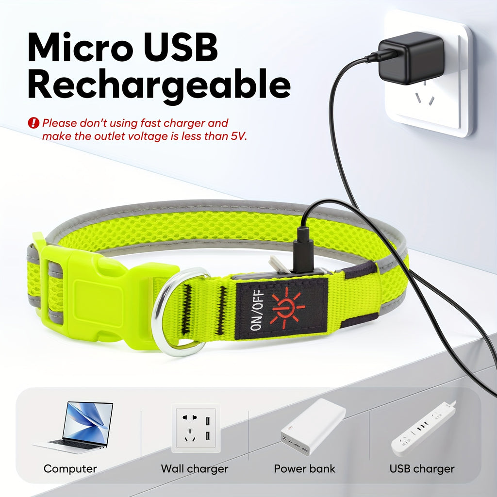 USB充电LED狗项圈灯 - 可调节舒适柔软网状安全项圈，适用于小型、中型、大型犬，6个彩色灯（，绿色，红色，黄色，）带USB充电，耐用且时尚的设计，增强夜间可见性