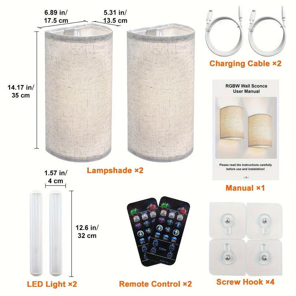 2-Pack 4400mAh Rechargeable Indoor Lampshade Wireless Wall Light, with USB Charging Cable and Remote Control, Dimmable, Timer Function, 3 Color Temperatures and 16 RGB Dynamic Modes, Suitable for Bedroom, Study