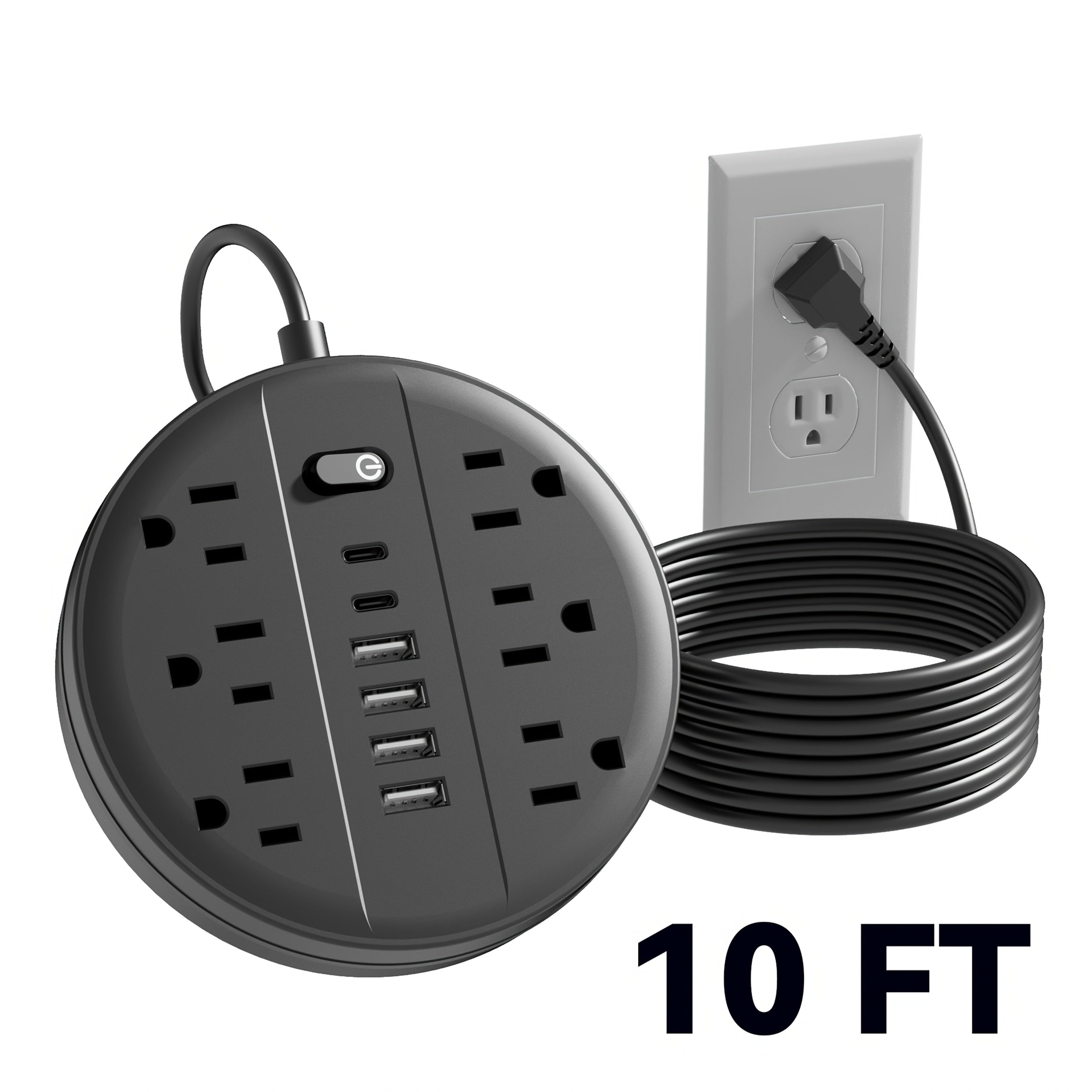 1pc 12-in-1 Multi-functional Power Socket With Surge Protector, 6 AC Outlets, 4 USB Outlets And 2 Type-c Ports. Wall-mountable Power Extension. Portable And Compact Design. Suitable For Home, Office And School. In White And Black.