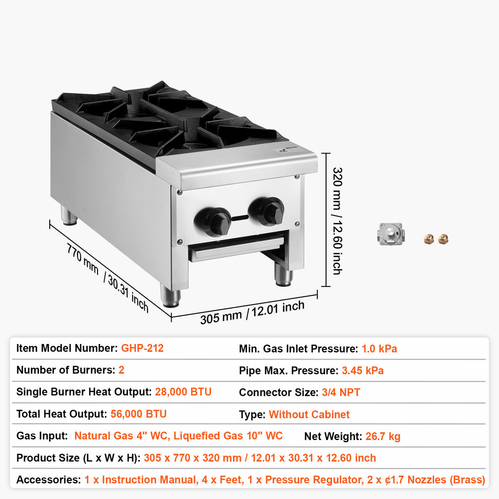 VEVOR Commercial Stove, 2-Burner Cooktop, Countertop Cooking Heating Plate, Kitchen Appliance