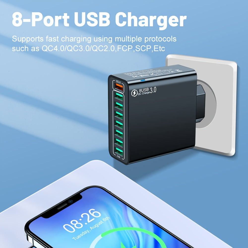 8-Port USB Charger with Quick Charge Fast Charging US Plug, 3-Phase AC Charging for Mobile Phones, Tablets, And Smartphones. Compact Design, Efficient Charger for Devices, Modern Charging Technology, Versatile Wall Charger