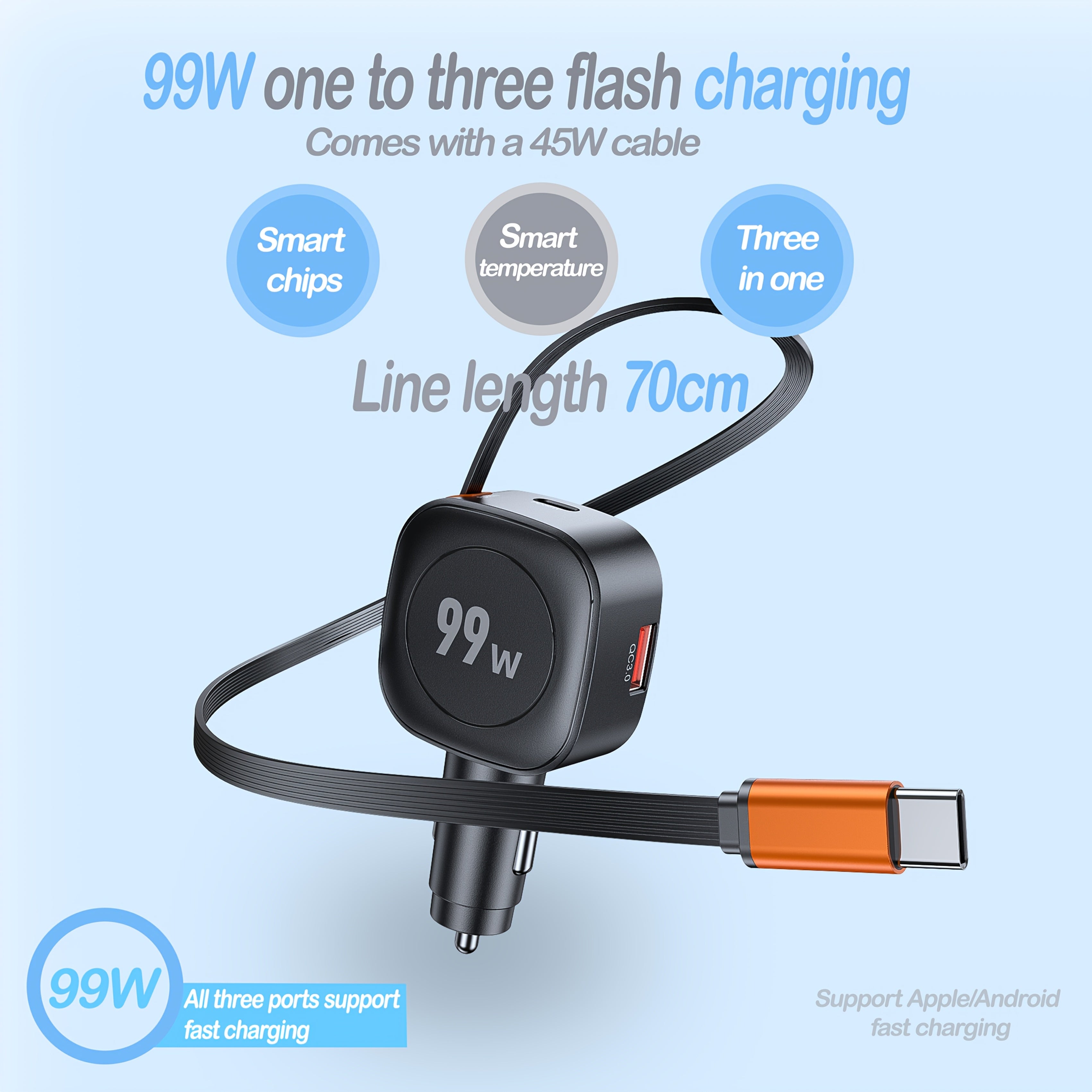 99W Car Charger with 45W Retractable Line Fast Charging, Supporting QC3.0, Suitable for 12-24V-vehicle Car Devices Fast Charger.