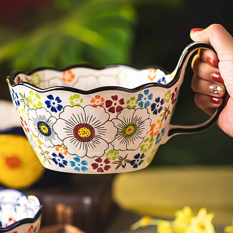 Hand-Painted Japanese Handle Bowl, New Ceramic Baking Dish, Instant Noodle Bowl, Salad Bowl, Home Tableware, Baking Dish with Spoon, Breakfast & Fruit Bowl