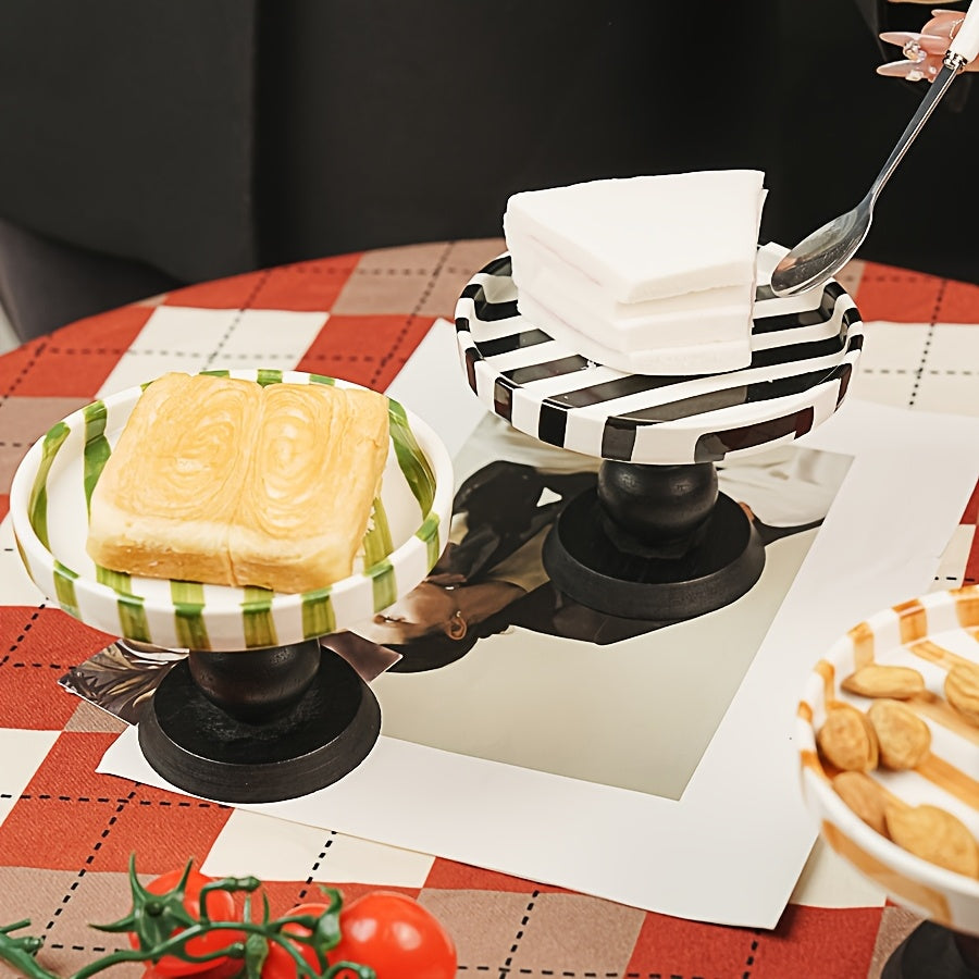 1 Piece Hand-Painted Vintage Japanese Striped Ceramic Plate – Multi-Color Dessert & Appetizer Dish, Unique Footed Design, Perfect for Pudding & Home Kitchen Décor