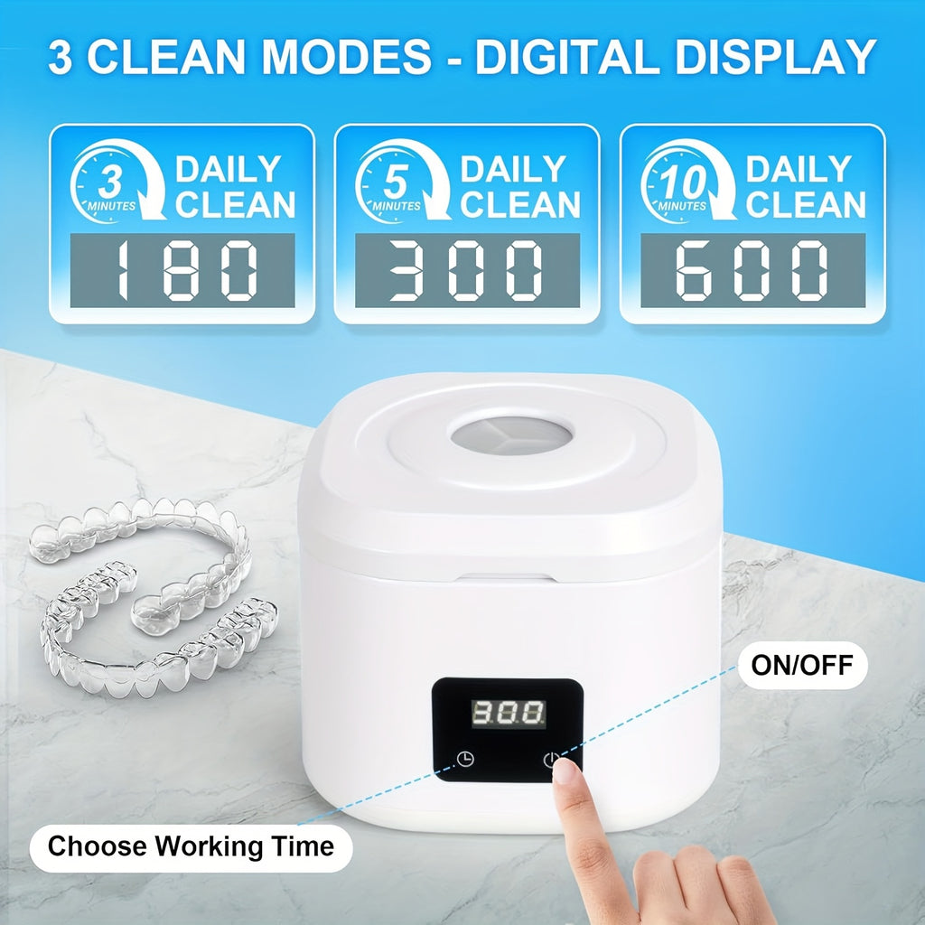 保持器超声波假牙清洁机，49kHz 夜间牙科护卫清洁片，超声波牙科工具，用于矫正器、牙套、牙刷头和珠宝，带数字计时器和 3 种模式，白色