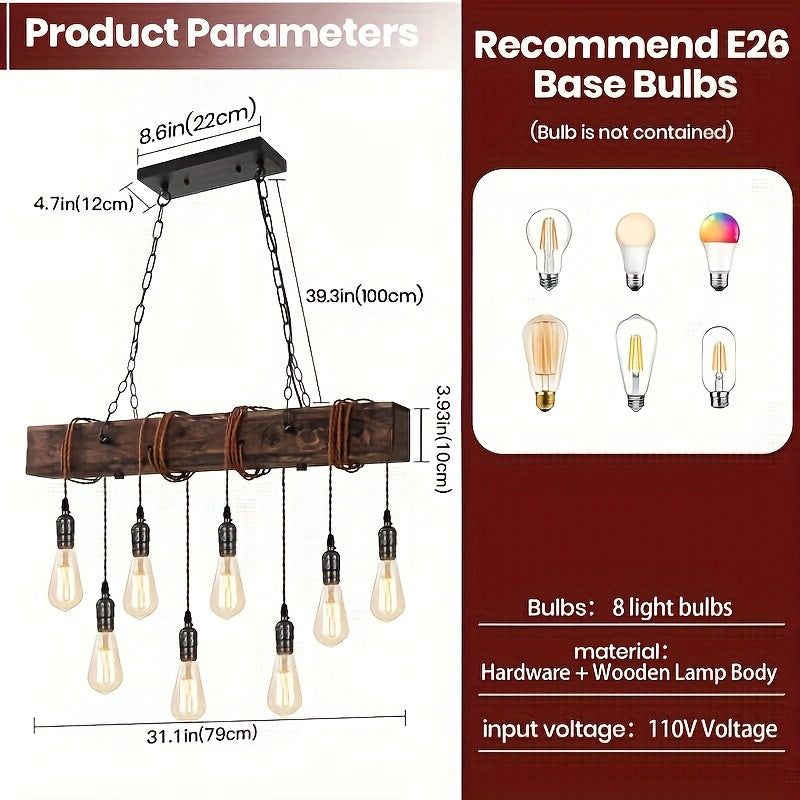 8,6,4-Light Rustic Chandelier for Dining Room, Farmhouse Wood Pendant Light, Height Adjustable, Rectangular Pendant Light for Kitchen Island, Dining Room, Bar, Pool Table, Cabin