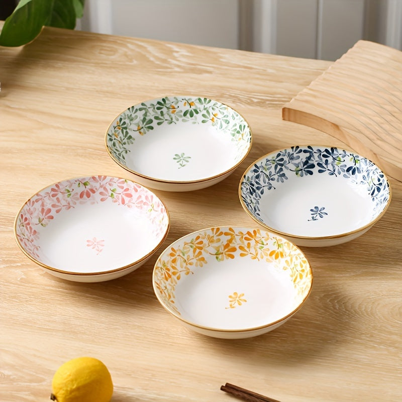 4-Piece Ceramic Dinner Plate Set with Floral Pattern – Perfect for Parties, Hot Pot, Picnics & BBQs – Ideal for Serving Fruit, Vegetables, Desserts & Salad