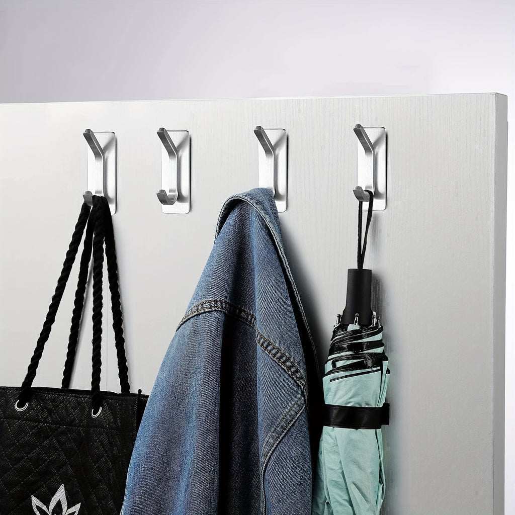 2 or 4 Pack No-Drill Adhesive Hooks - Stainless Steel for Clothes, Towels, Robes, Hats, Keys - Bathroom, Toilet, Bedroom, Dorm, Kitchen, Garage Storage