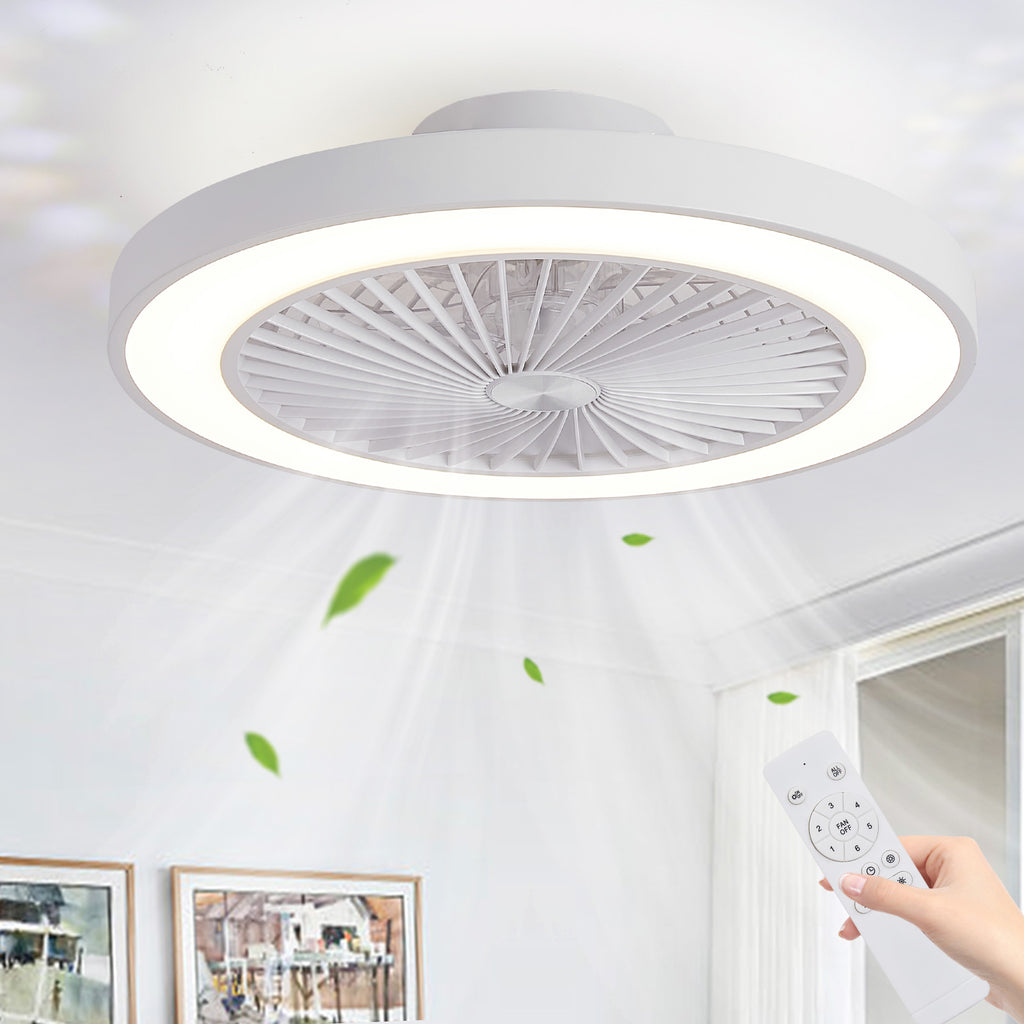 Modern Low Profile 19 Inch Ceiling Fan with Light, 6-Speed Dimmable LED Reversible Bladeless Fan Light, DC Silent Motor Flush Mount Ceiling Fan, Perfect for Bedroom and Kitchen