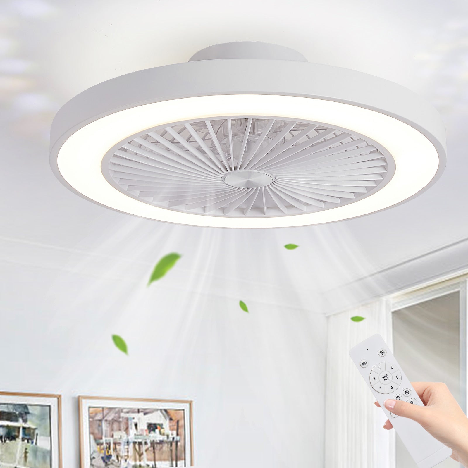 Modern Low Profile 19 Inch Ceiling Fan with Light, 6-Speed Dimmable LED Reversible Bladeless Fan Light, DC Silent Motor Flush Mount Ceiling Fan, Perfect for Bedroom and Kitchen