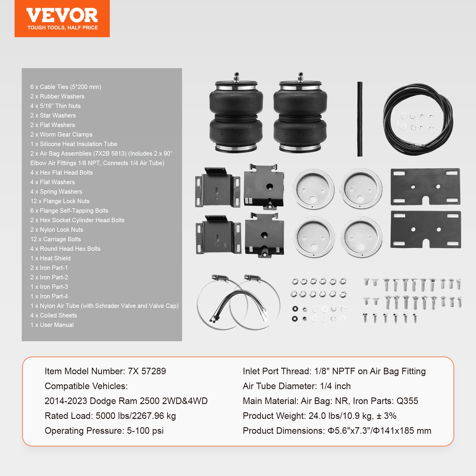 VEVOR Air Bag Suspension Kit, Air Spring Suspension Bag Kit, 5000 Lbs Load Capacity, 5 to 100 PSI