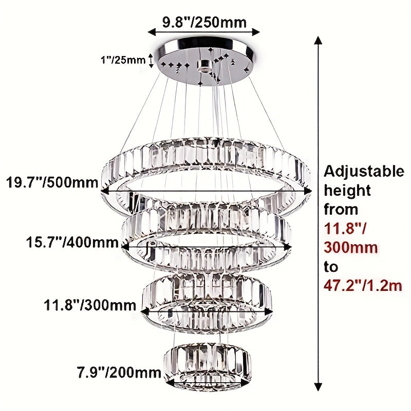 Modern crystal chandelier, four-ring pendant light, ceiling hanging fixture for bedroom, living room, dining room (cool white light)