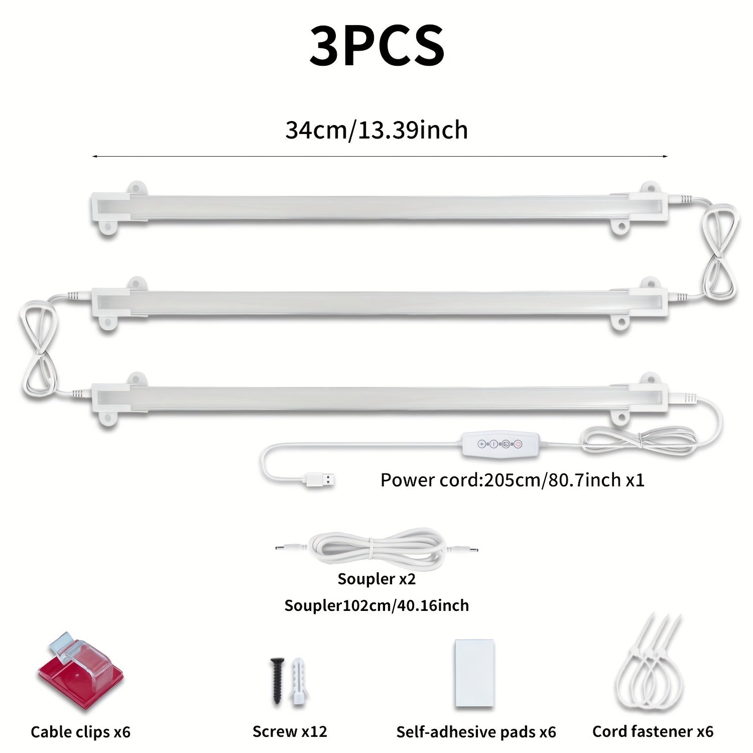 LED cabinet light, dimmable with timer, ultra-bright under-cabinet light, 4 brightness levels, shelf light 5V/2A plug, suitable for desks, bookshelves, studios, garages (adapter not included)