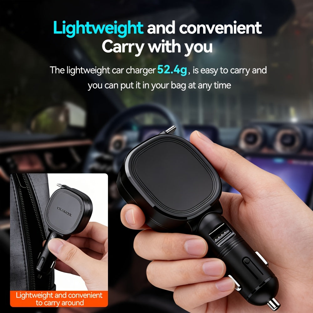 SAN.COMO Dual-Port Car Charger with Retractable Type-C Cable (70cm / 27.55 Inches), Supports 45W Maximum Power Output, Fast Charging, Extended USB-A Port, Overvoltage Protection, an Efficient In-Car Charging Companion, Suitable for iPhone and Various