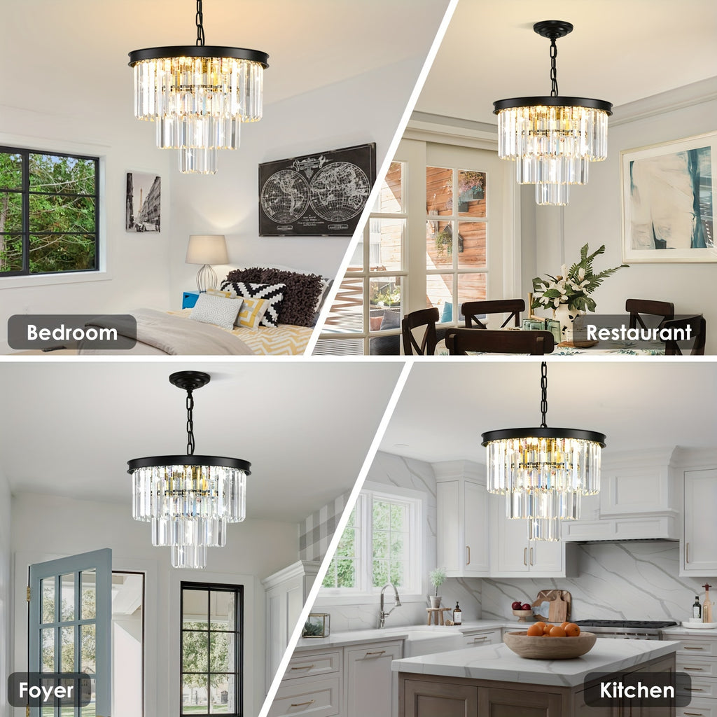 Modern Crystal Chandelier Gold 15.7-Inch Round Pendant Light, 7-Light Ceiling Chandelier Fixture for Dining Room, Raindrop Luxury Black Flush Mount Chandelier for Entryway Living Room