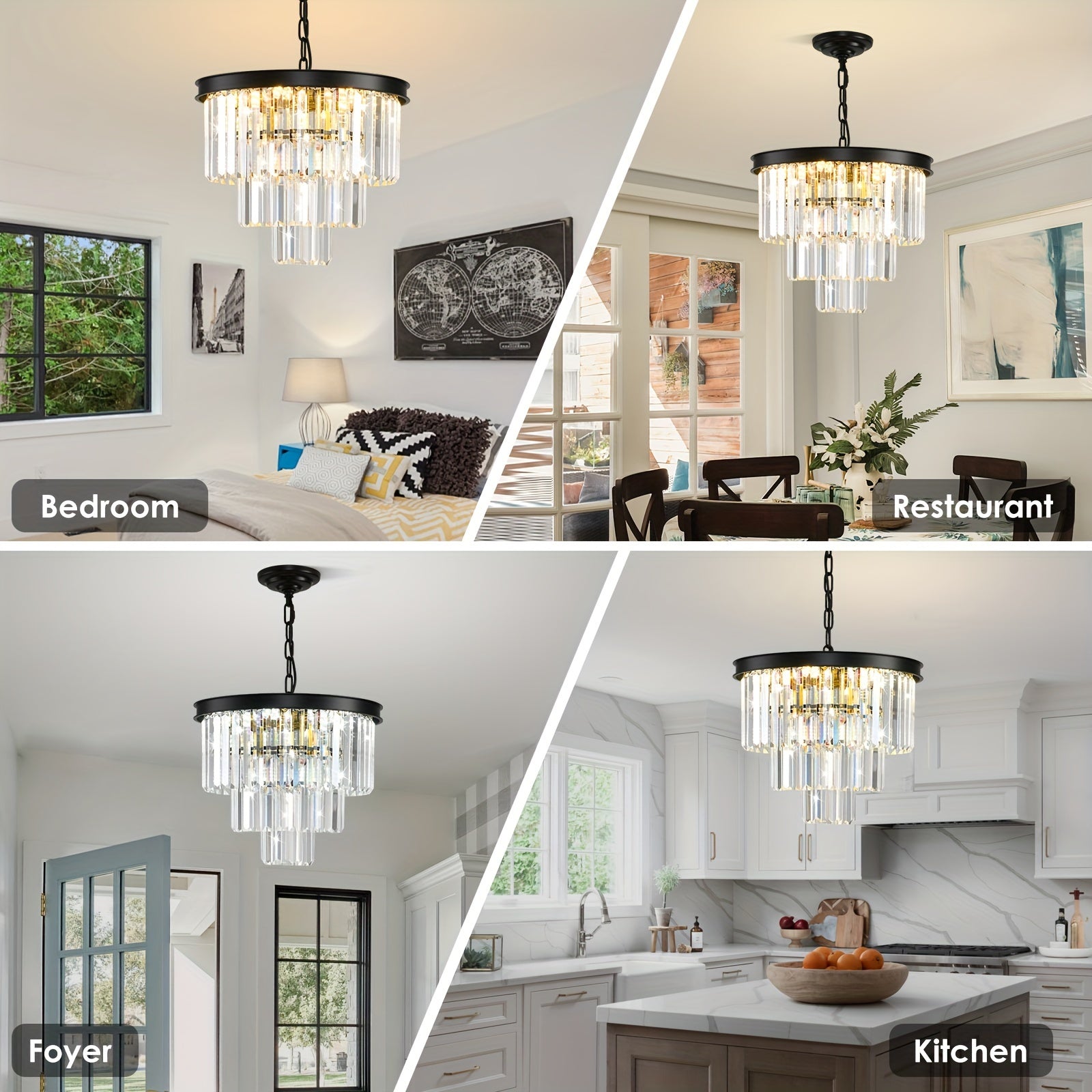 Modern Crystal Chandelier Gold 15.7-Inch Round Pendant Light, 7-Light Ceiling Chandelier Fixture for Dining Room, Raindrop Luxury Black Flush Mount Chandelier for Entryway Living Room