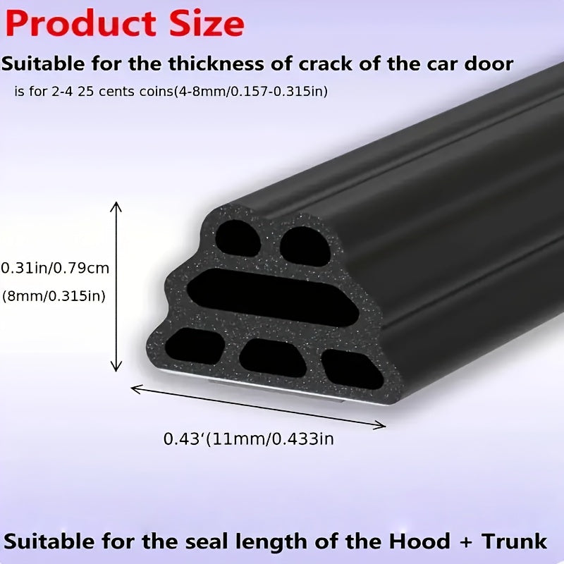 33FT Self-Adhesive Rubber Car Door Seal Strip - Waterproof, Noise Reduction, Multi-Chamber Design, Suitable for Front Doors, Hood and Trunk, Available in Two Sizes: 33FT and 16.4FT