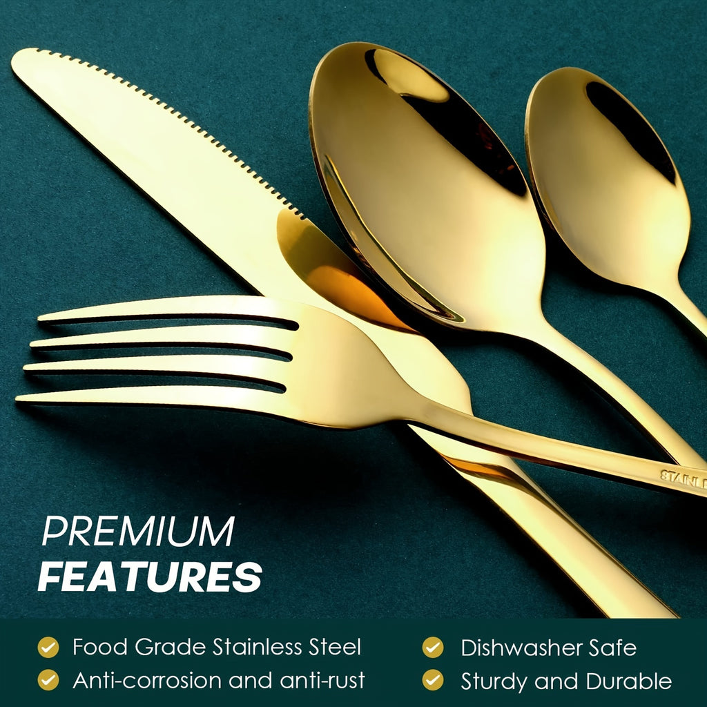 24-Piece Elegant Stainless Steel Black Cutlery Set – Classic 24-Piece Knife, Fork & Spoon Gift Box Set – Mirror Polished 6-Person Gold Cutlery Set with Gift Box Packaging – Dishwasher Safe – Perfect for Weddings, Parties, Restaurants, Hotels