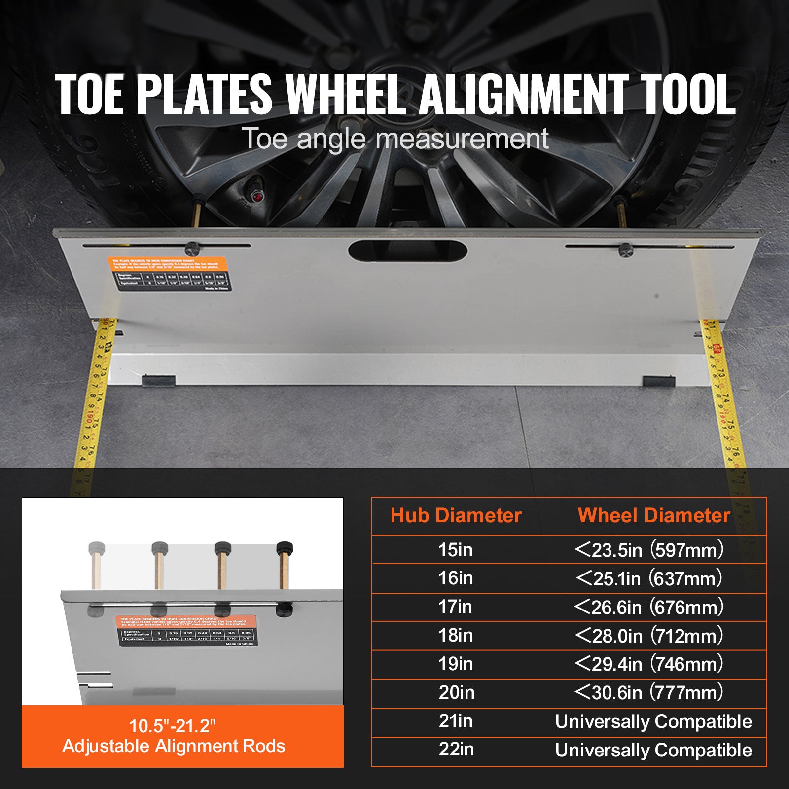 VEVOR Wheel Alignment Tool, 2 Pack Alignment Tool Front Toe Plates, Stainless Steel Front Toe Angle Measuring Tool Plate, 4 Alignment Rods and Magnetic Grooves, Includes Measuring Tape and Conversion Chart