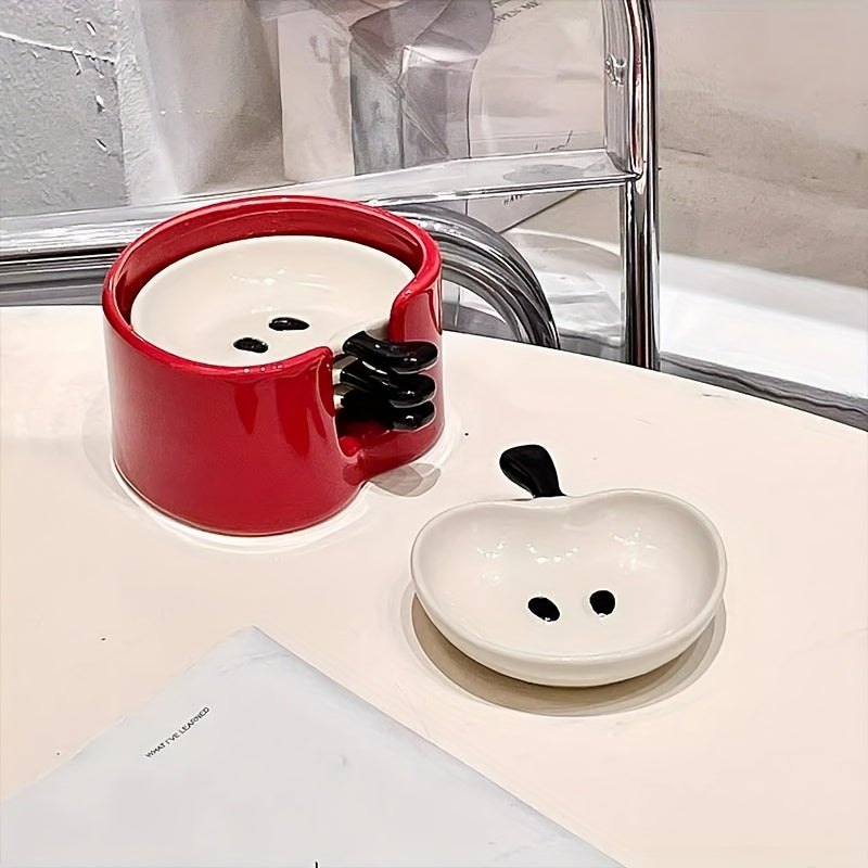 4pcs Ceramic Apple Dish with Collector, Cute Apple Snack Plate, High-Appeal Exquisite Hot Pot Dip Dish, Perfect for Home Decor, Kitchen Sauce Dish, Living Room Coffee Table Snack Plate, Gift Idea