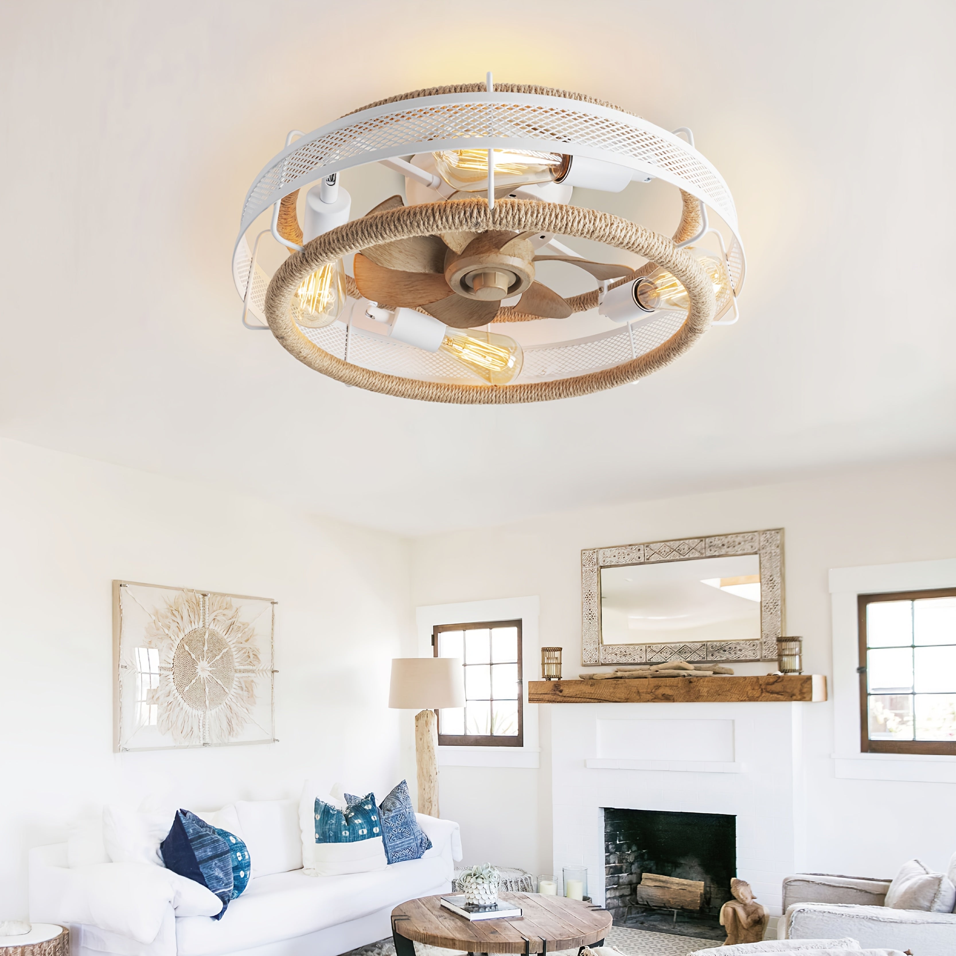 19.7 Inch Bohemian Ceiling Fan with Lights & Remote - Low-Profile Rattan Farmhouse Design, 6-Speed Leafless Fan, Matte Metal Finish, Infrared Remote, for Bedroom/Living Room/Kitchen (Black/White, Bulbs Not Included)