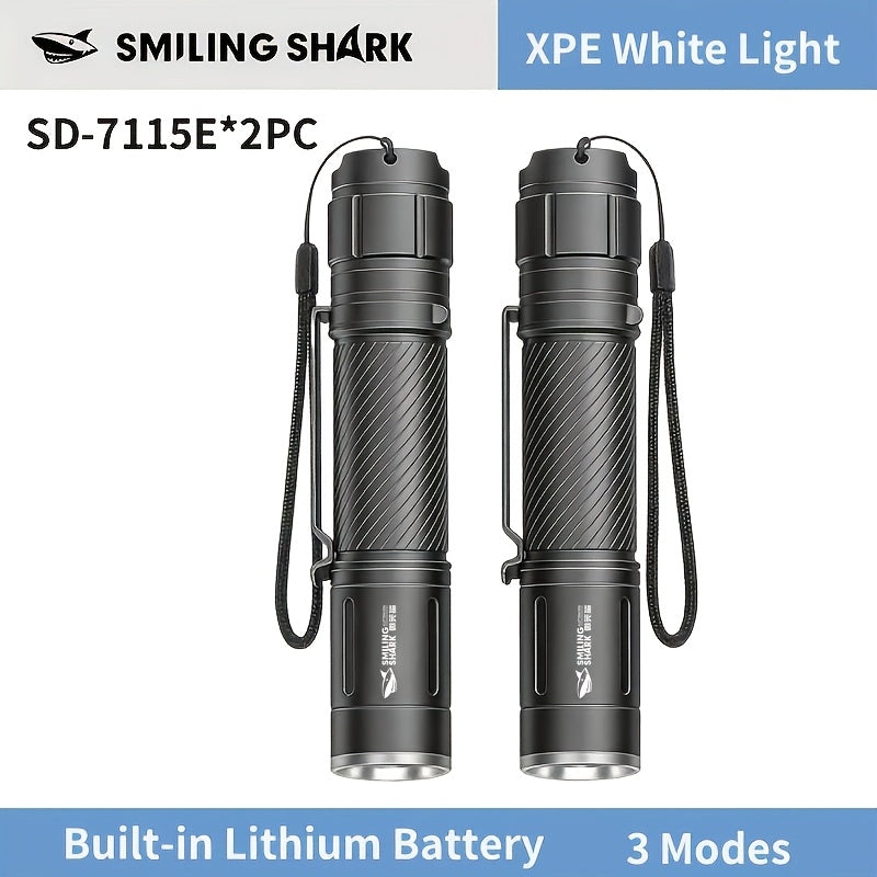 2-Pack Smiling Shark High Lumen LED Flashlight, Rechargeable Handheld Light, Super Bright Torch with Portable Clip Spotlight, 3 Light Modes, Built-in Battery, Type-C Fast Charging, for Camping Hiking Emergency SD7115