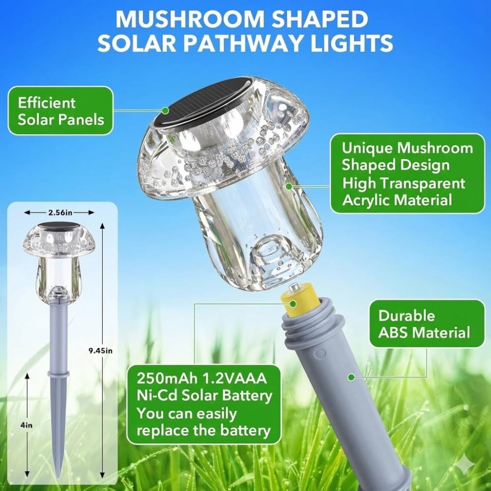 8-Pack Solar Mushroom Light | Color Changing & Warm White LED Small Path Light, Suitable for Garden, Lawn, Courtyard, Landscape, Walkway, Pathway and Backyard Decoration, IP44 Waterproof Rating, Solar Charging, Semi-Flush Mount Installation