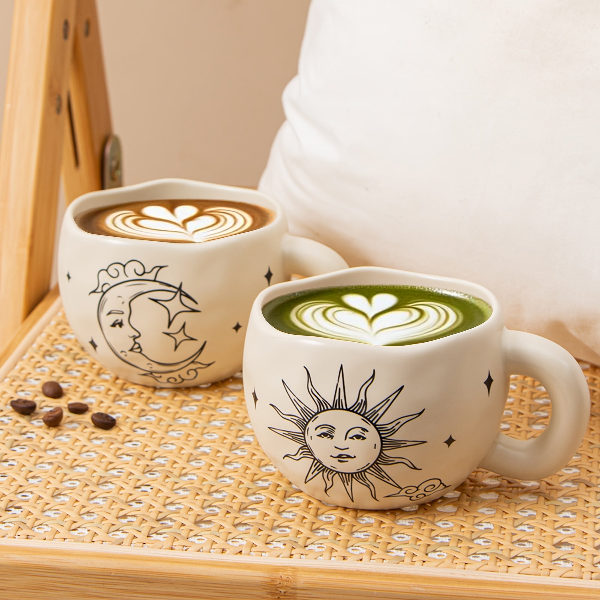 2-Pack 230ml / 7.8oz Retro Valentine’s Day Ceramic Coffee Mug Set, Sun & Moon Face Vintage Design Drinking Cup, Beige Mugs, Bosnian Style Tea Cup, Perfect for Office, Home, Birthday, Party, Valentine’s Day Gift