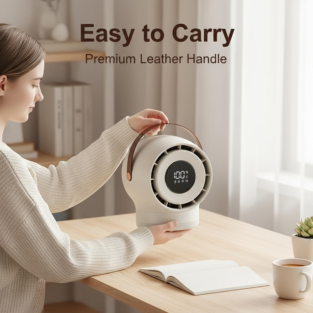 Portable Mobile Desk Fan, 100-Speed Digital Display Precise Control, 180° Smart Oscillating Air Supply, Leather Handle, Compatible with Diverse Home Styles/