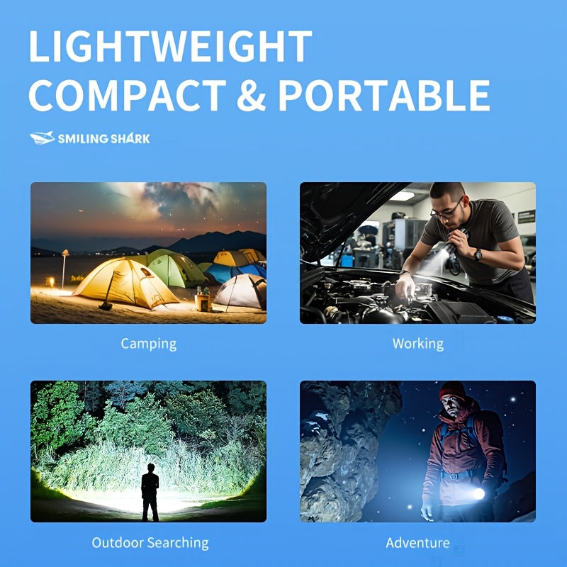 1Pc/2Pcs/3Pcs SMILING SHARK Rechargeable Flashlight, Super Bright Handheld Light, LED Torch, Zoomable High-Light Flashlight, Telescopic Design, Ultra-Long Battery Life, 5 Lighting Modes, Ideal for Home Emergency Hiking Travel SD5404