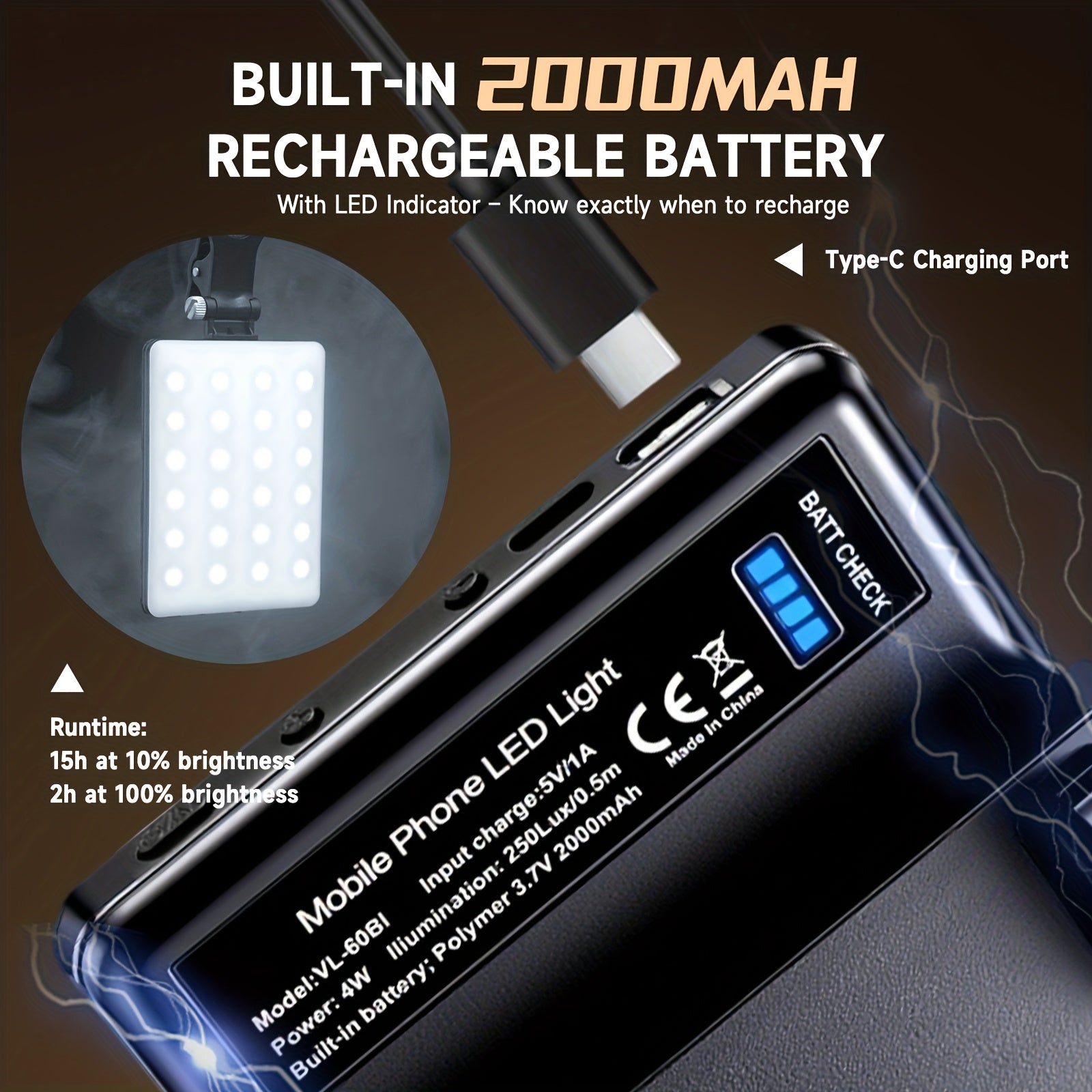 VL-60BI Rechargeable LED Video Light, Clip-on Fill Light, 2000mAh Battery, USB Charging, Bi-Color Dimmable, for Vlog Live Streaming Conference Photography
