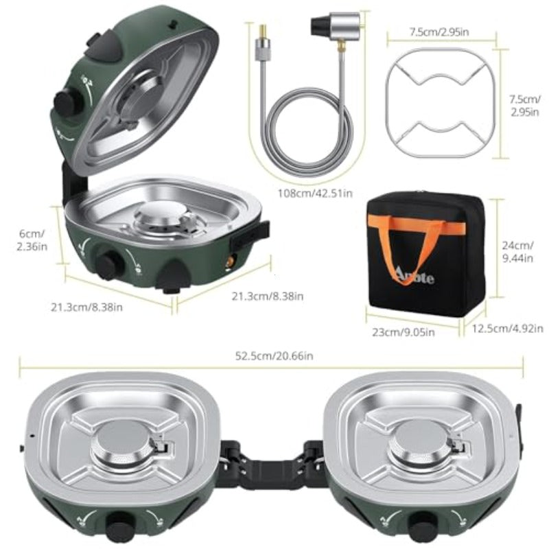 Portable Camping Stove, 20,000 BTU Power, Features Two Burners, Adjustable Settings & Foldable Design. Burner Center Width of 12.2 Inches, Comes with Complete Cooking Kit, Perfect for Car Camping, Beach Outings, RV Travel & Tailgating Events.