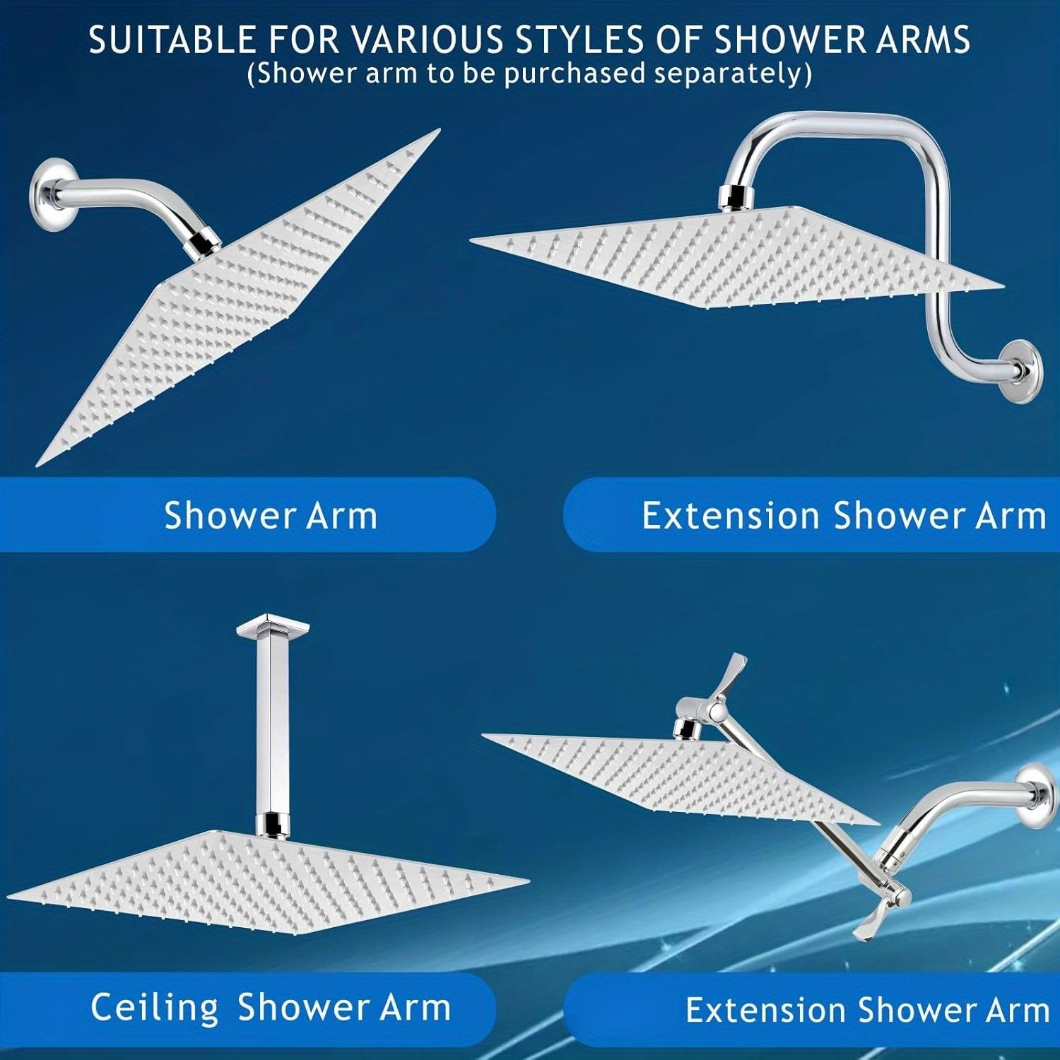 1pc 12" Square / 12"x8" Rectangular Waterfall Rain Shower Head - High Flow Stainless Steel, Polished Chrome Finish, Rustproof & Durable, Ceiling/Wall Mount, Includes Teflon Tape Installation Kit