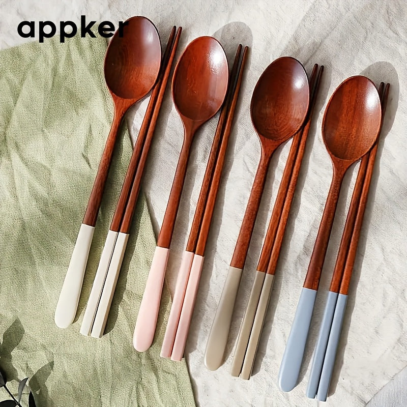 Appker Japanese Wooden Dinnerware Set 4-Piece – Colorful Long Handle Spoon & Chopstick Set – Handcrafted Reusable Cutlery Set for Halloween