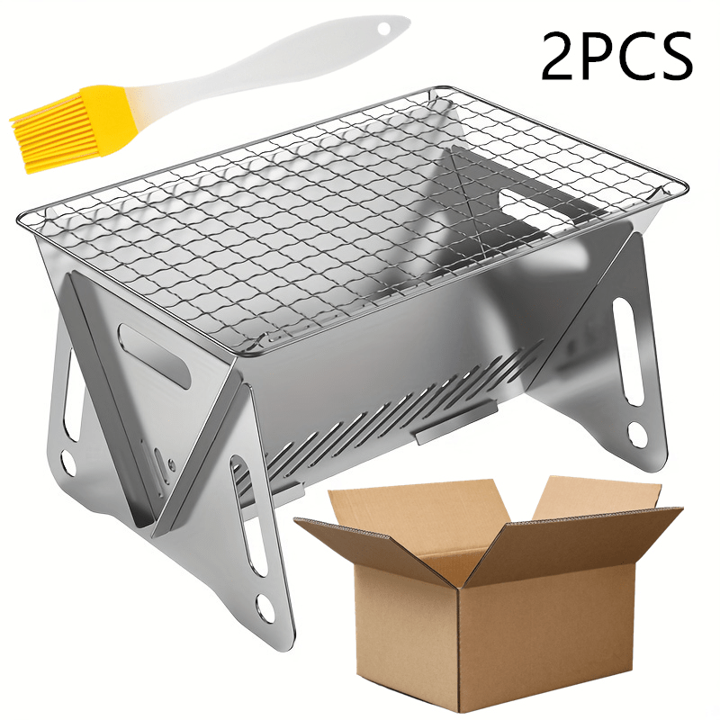 2-Piece Outdoor Foldable BBQ Grill, Stainless Steel Cassette Stove, Portable Charcoal Stove, Garden Party Camping Supplement. Includes 1 BBQ Grill + 1 Basting Brush/