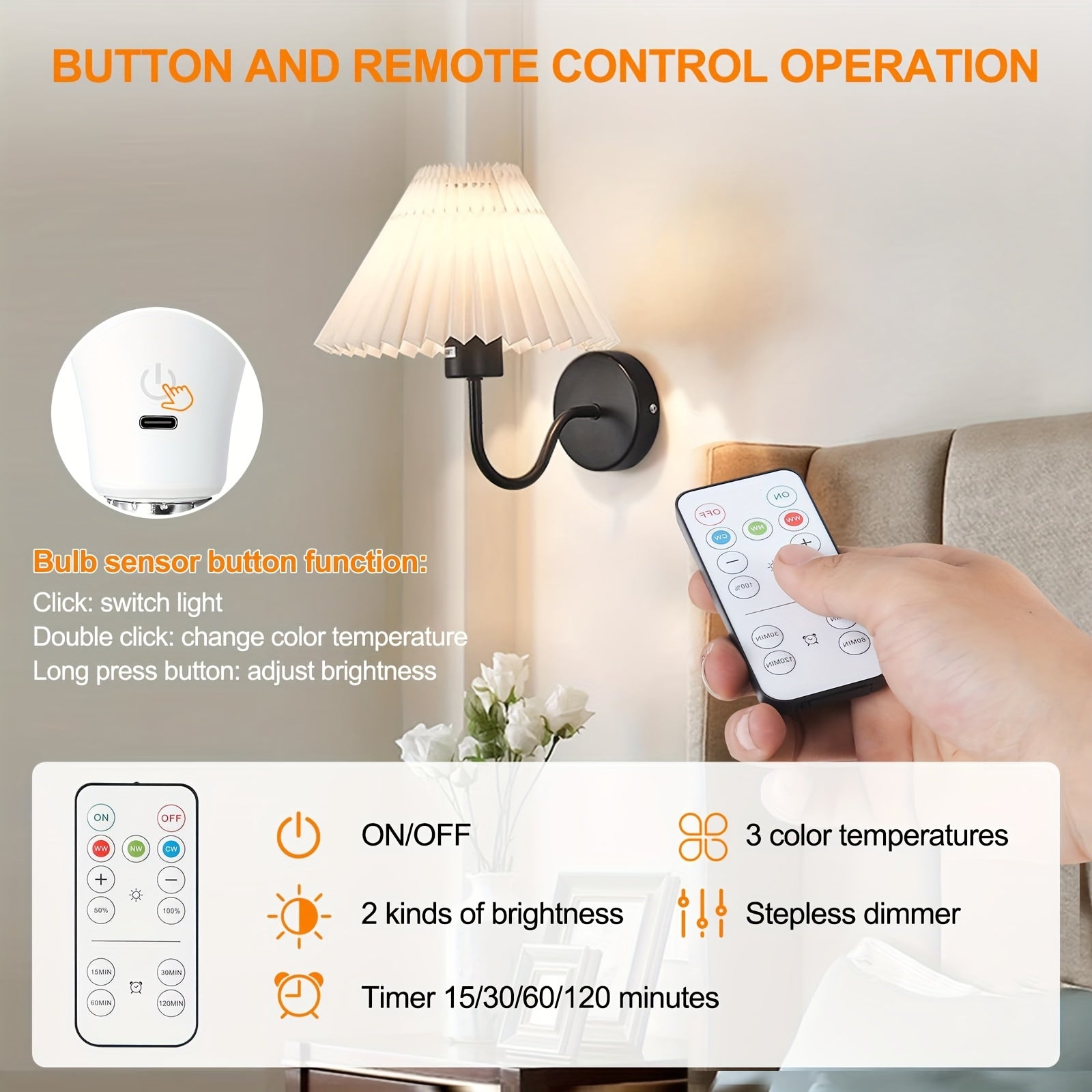 A set of rechargeable bulbs with remote control, battery-powered bulbs for table lamps, dimmable/timer bulbs, backup battery bulbs for wall lamps and table lamps, bulbs suitable for non-hardwired fixtures, for bedroom, living room, indoor use