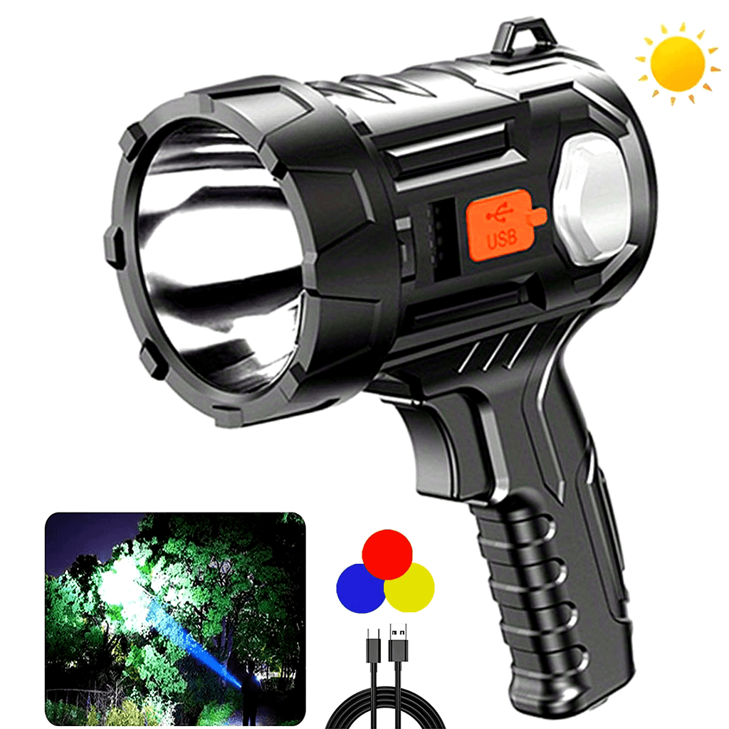 1 rechargeable spotlight flashlight, bright searchlight with 6 modes and 3 color filters, LED spotlight outdoor handheld flashlight comes with USB cable, for boating, hunting, camping, home lighting