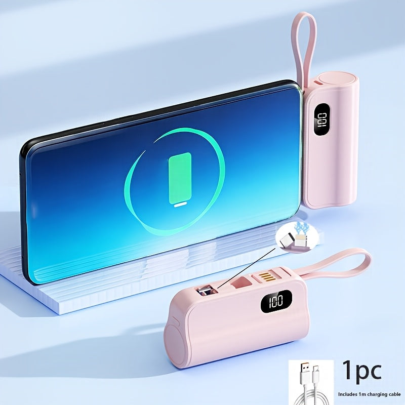 2026新款三合一迷你行動電源 5000mAh 充電寶，內建 USB-C 及 iPhone 雙充插頭，LCD 顯示螢幕電量，手機支架，附 USB 充電線