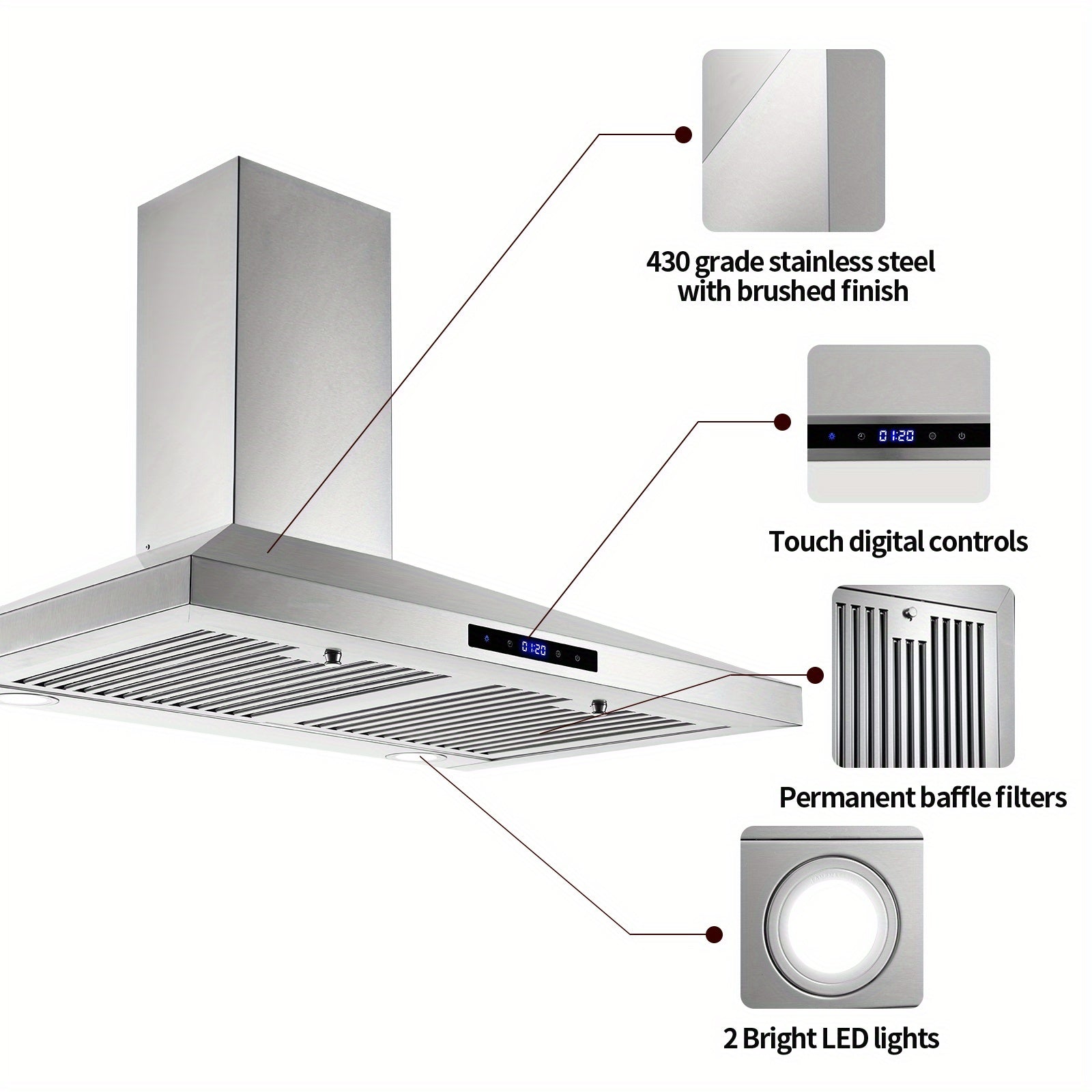 30-Inch Wall-Mounted Range Hood, 450 CFM Ventilation, Touch Control, Stainless Steel Design, LED Lighting, 3-Speed Fan, Available in Black and Silver