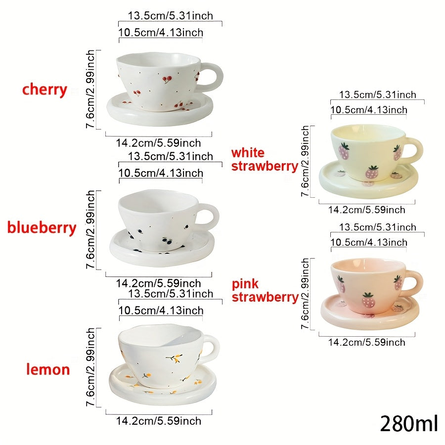 1 Set Creative Simple Hand-Pinched Hand-Painted 3D Relief Cherry Blueberry Lemon Ceramic Coffee Cup & Saucer for Home Use