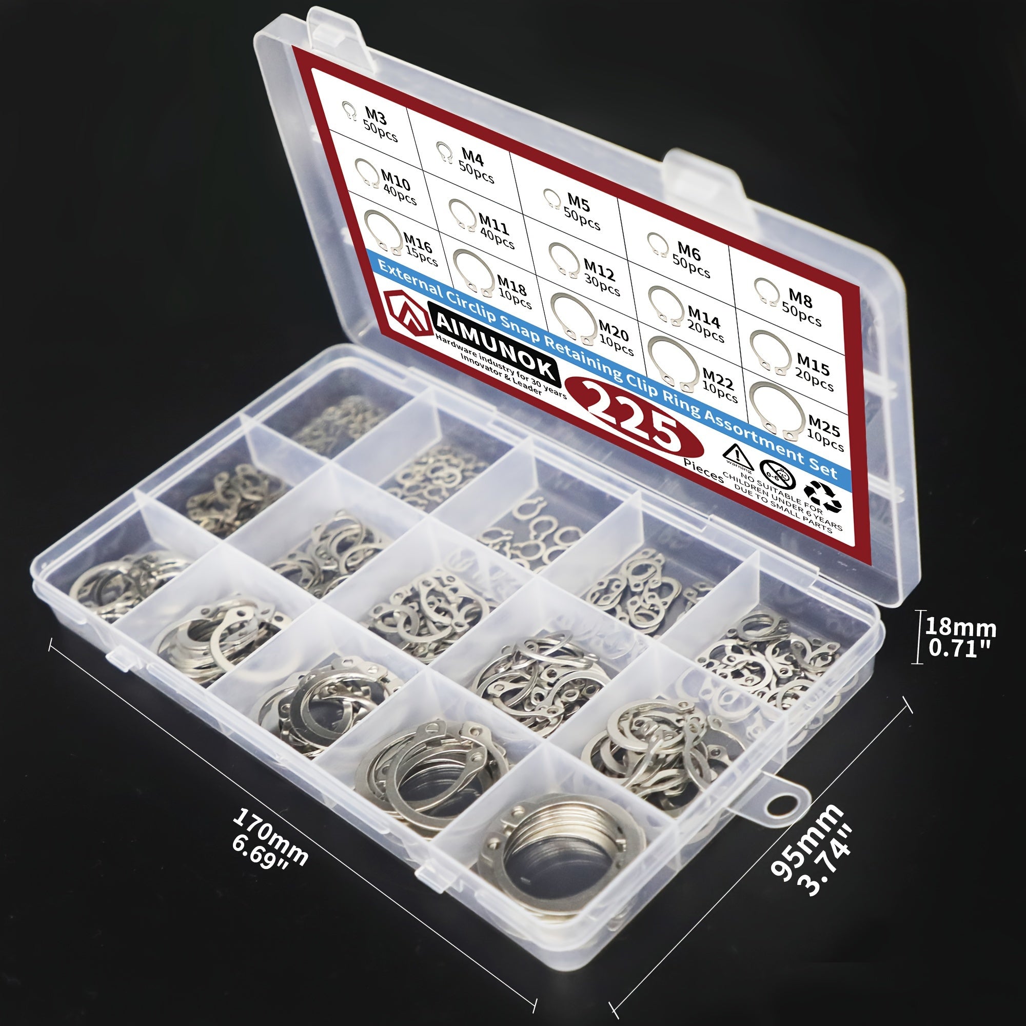 225-Piece External Retaining Ring Assortment, Includes 15 Sizes, Made of 304 Stainless Steel, Fits Shafts from M3 to M25.