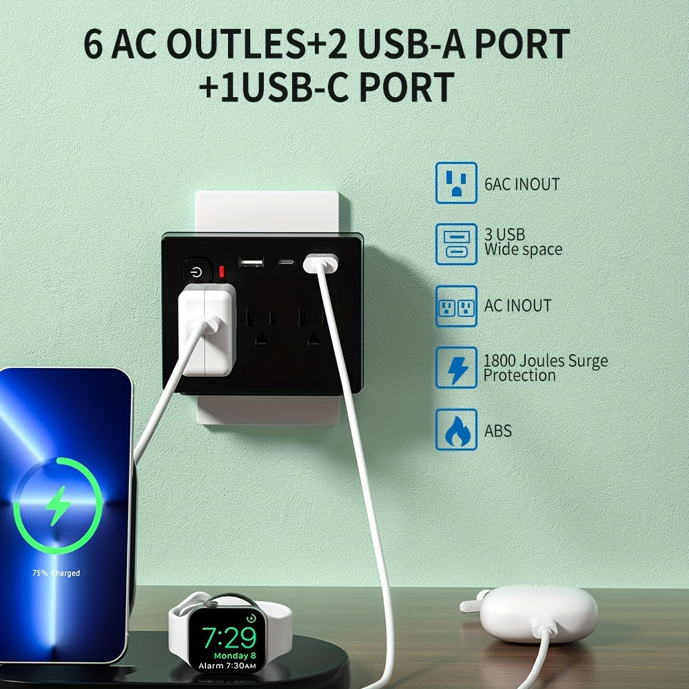 Black US-spec Power Outlet With 6 AC Outputs Plus 2 USB-A And 1 USB-C Ports, Featuring A Compact, Mini, And Portable Design. It Comes With Overload Protection, A Power-off Switch, Safeguard Mechanisms, And Is A 9-in-1 Multifunctional Power Strip