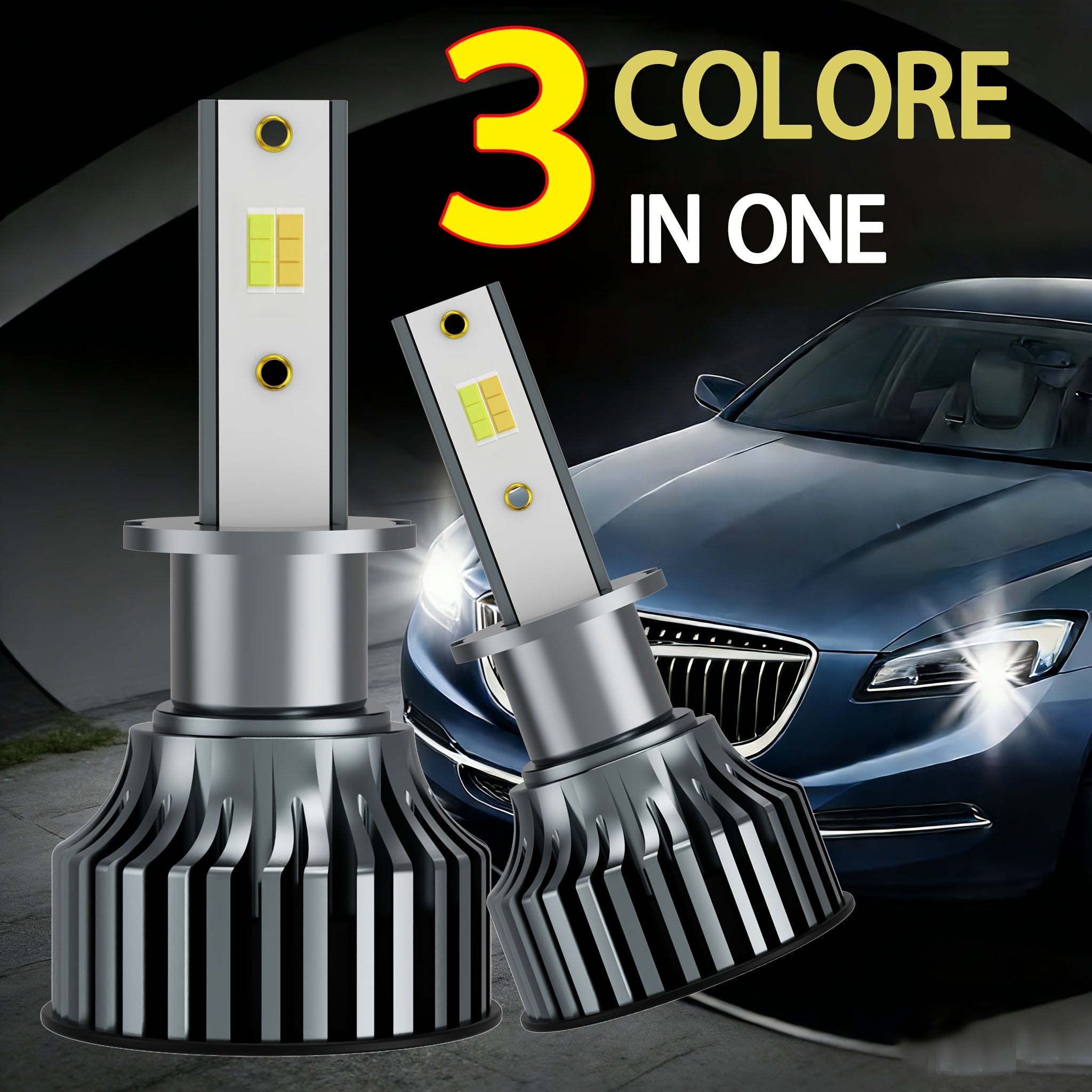 Tri-Color Car LED Headlight Kit, 2-Pack, H1 H4 H7 H11 9005 9012, 60000LM, Super Bright Fog Light Bulbs, Universal Compatibility, No Battery Included