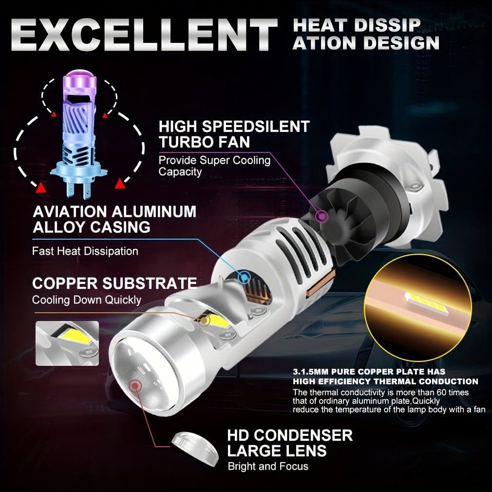 2Pcs H4 LED Car Headlight Bulbs H7 120W 30000 Lumens, Equipped with High/Low Beam, Fan-Cooled Output Super Bright White Light, No Battery Needed