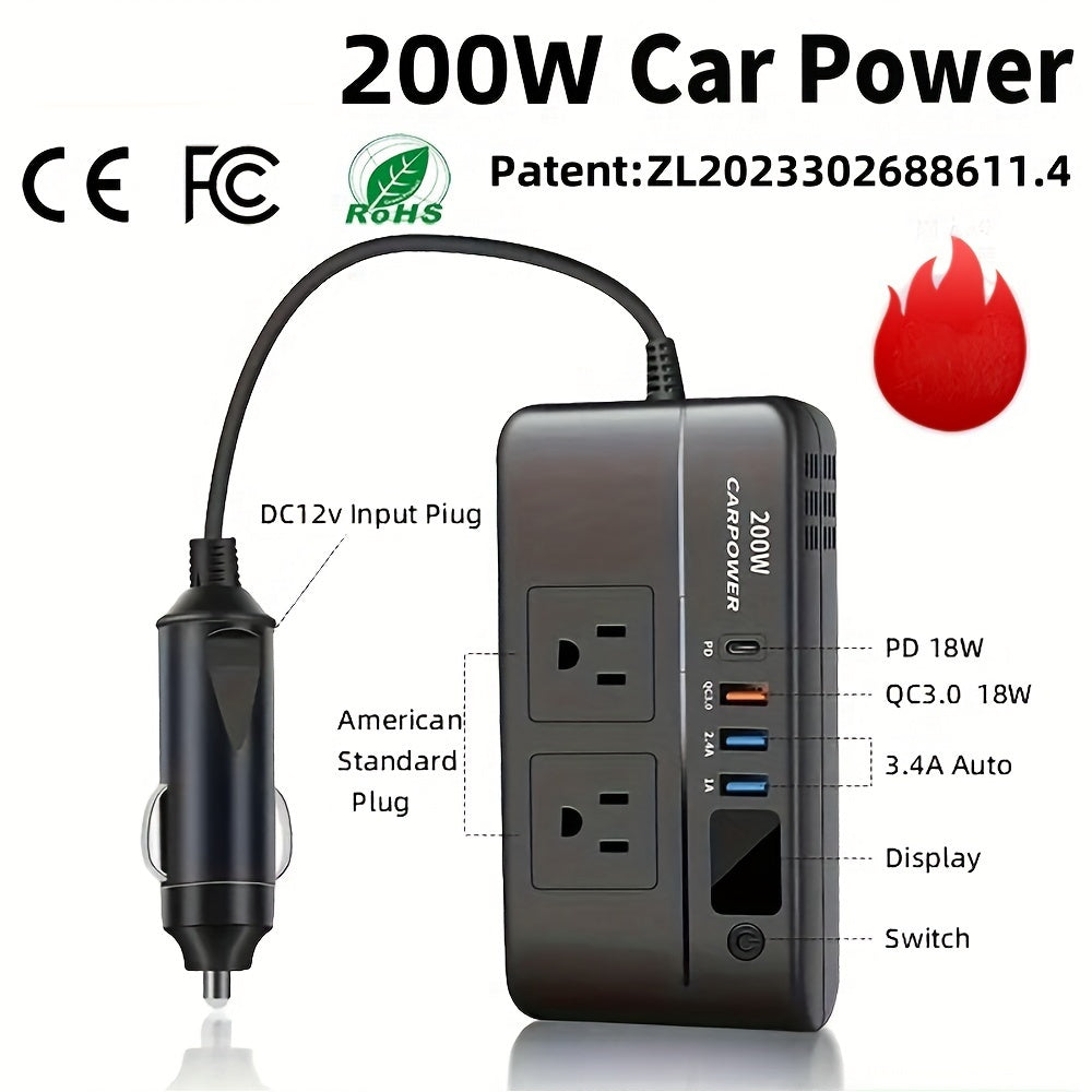 200瓦汽车电源逆变器，DC 12V转AC 110V车载充电适配器带开关和电流LED显示屏，3个USB接口+1个Type-C端口，适用于轿车、SUV及卡车（黑色）