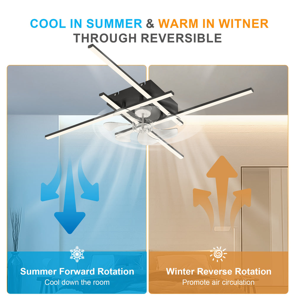 Modern LED Ceiling Fan with Light and Remote Control, Black Sputnik Semi-Flush Mount Ceiling Fan, Modern Chandelier Lighting Fixture for Bedroom Living Room Dining Room Kitchen Office
