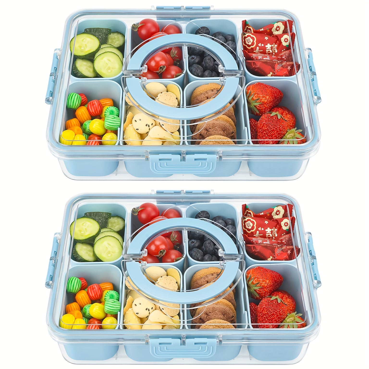 1/2 Pack Divided Tray with Lid and Handle, 8-Grid Freezer Plastic Snack Box, Transparent Portable Snack Box with Buckle Lid, Perfect for Fruits, Vegetables, Salad, Nuts, Ideal for Travel, Camping, Picnic and Lunch Box Organization