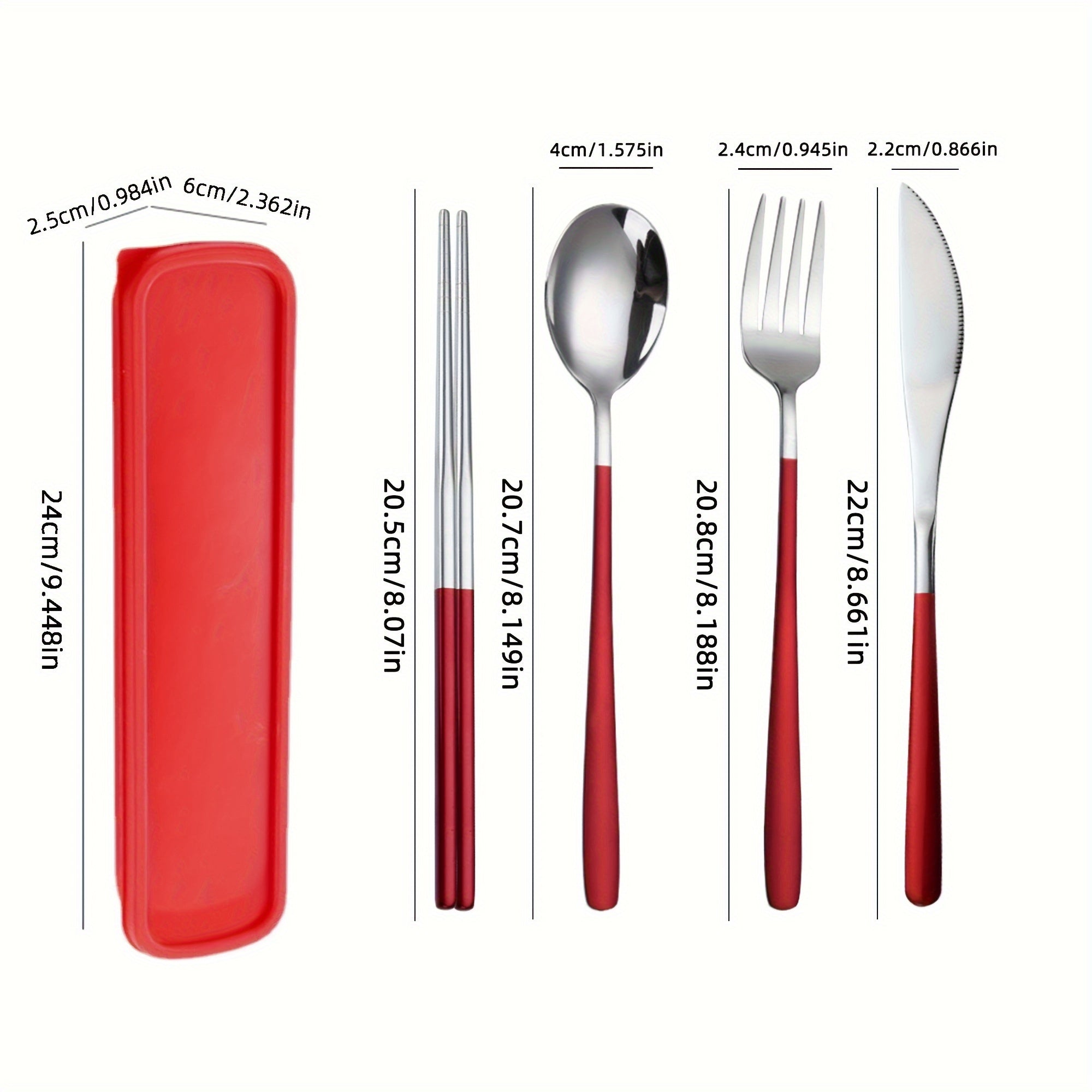 4pcs Stainless Steel Cutlery Set – Bright Polished Thickened Round Handle Dinner Knife, Chopsticks, Spoon, Fork Set – Portable Cutlery Box for Students, Outdoor Dining, Picnics